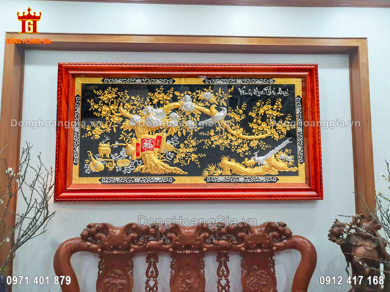 Tranh vinh hoa phú quý bằng đồng mạ vàng, bạc thích hợp không gian phòng khách sang trọng
